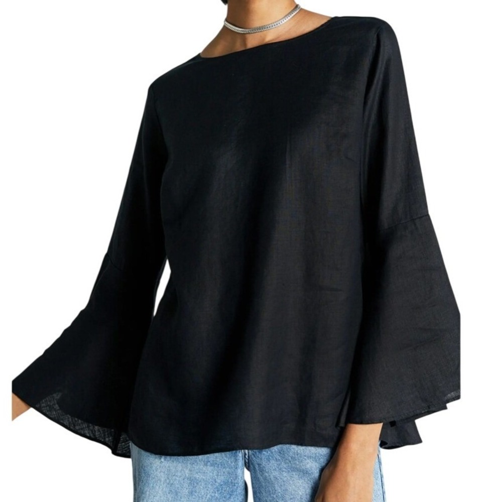 NEW Reistor Button Back Shirt Black Womens XL 100% Hemp Bell Sleeve Relaxed Fit